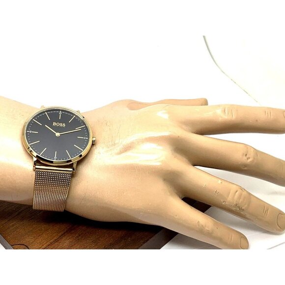 Hugo Boss Men's Watch 1513735 Horizon Quartz Black Dial Gold Steel Mesh … - Picture 4 of 13